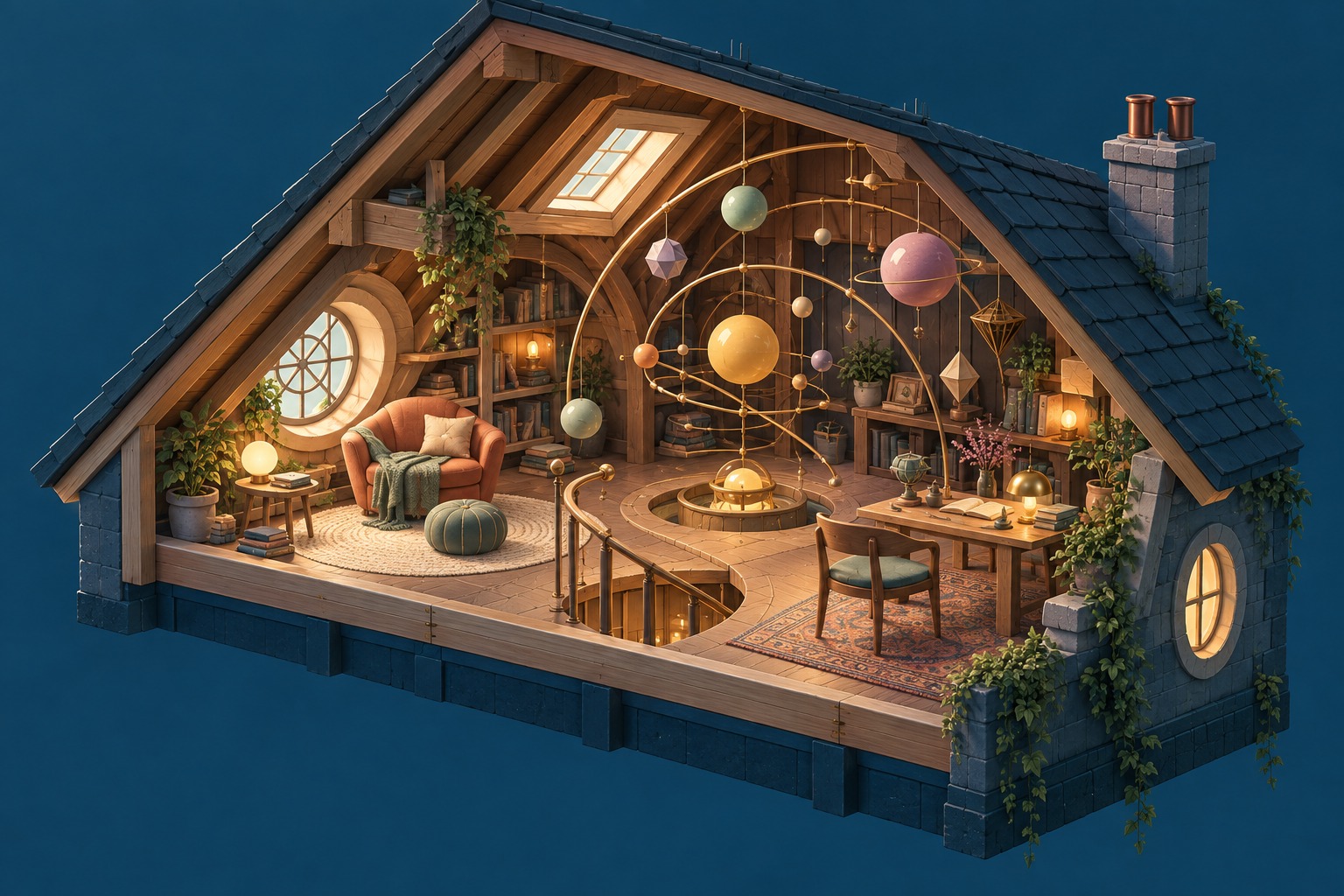 Warm isometric attic filled with softly orbiting forms