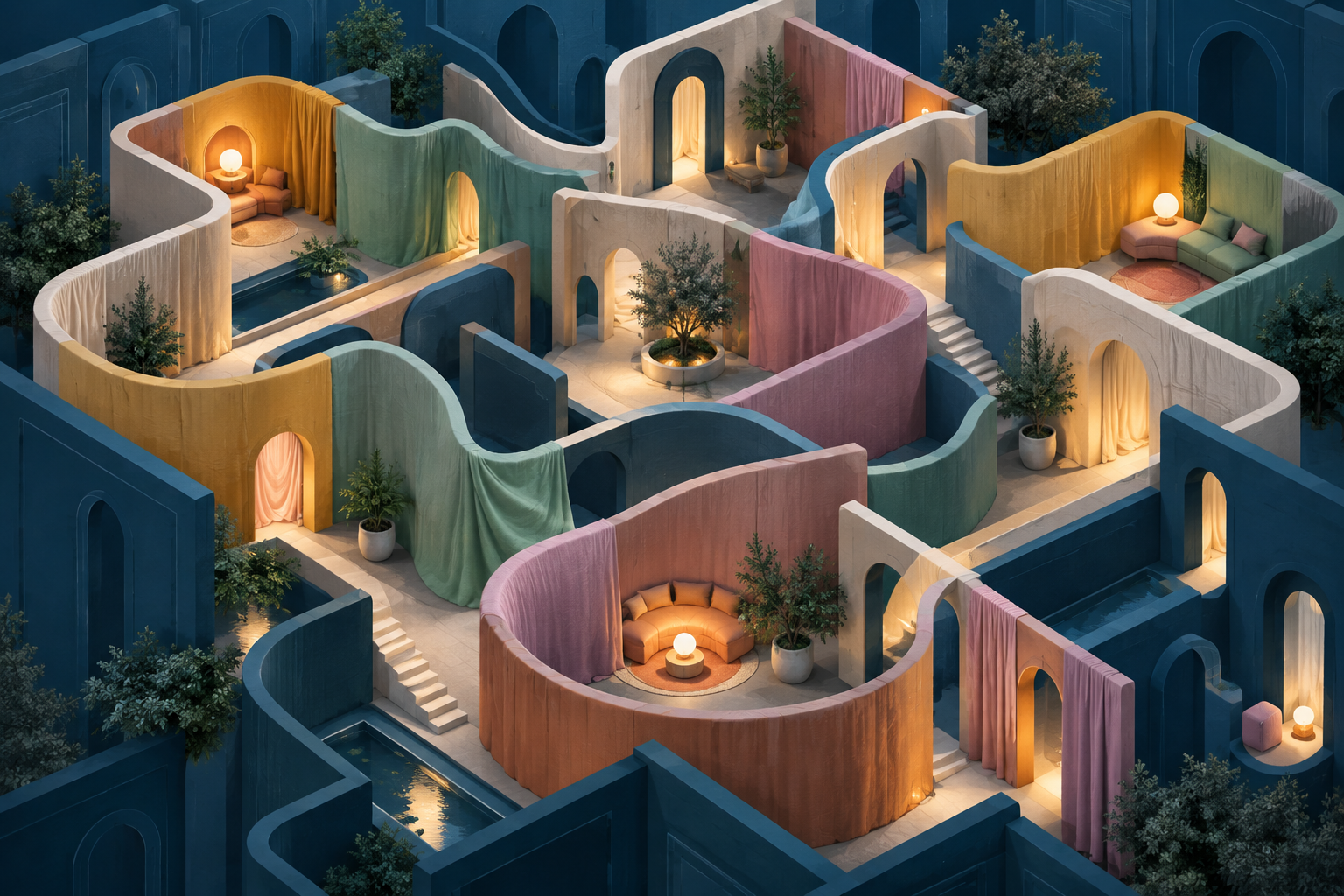 Abstract isometric maze of soft colorful partitions