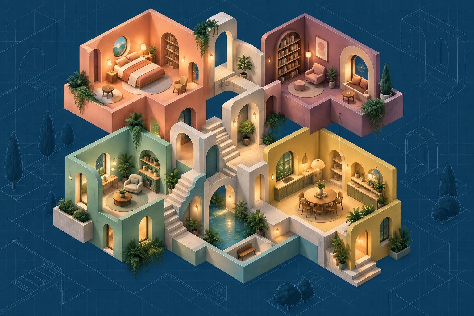 Isometric cutaway of connected cozy rooms on a blueprint background