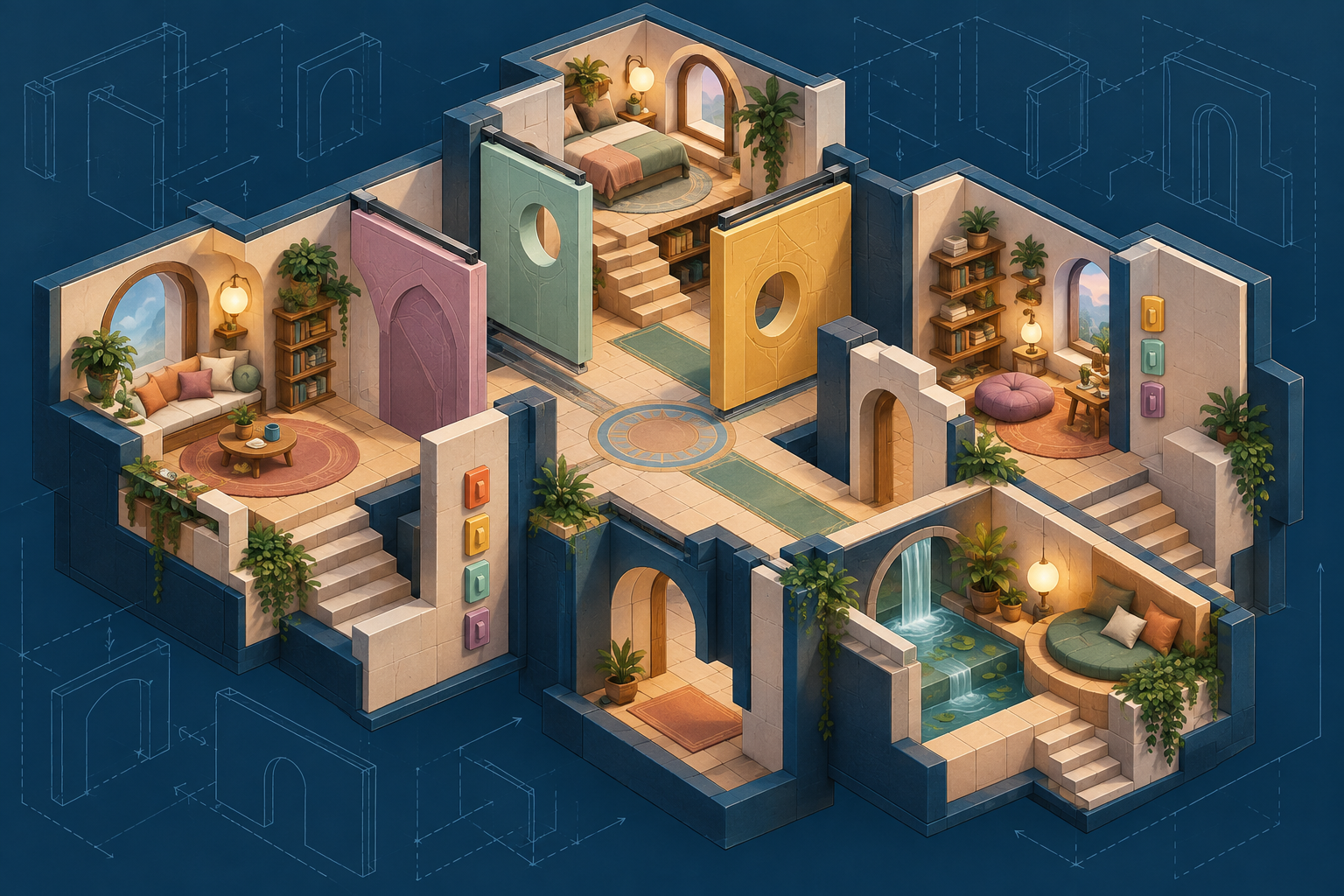 Isometric room with shifting walls and colorful switches